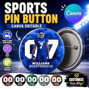 Op de afbeelding: Een ronde pin button met een footballspeler in een blauw uniform met het nummer 7 en de tekst WILLIAMS QUARTERBACK. Het ontwerp bevat een blauwe rookachtergrond, een metalen speld aan de achterkant en instructietekst voor Canva.
