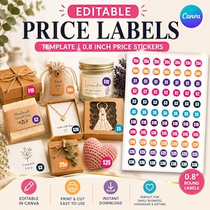 Peut inclure: Un modèle modifiable pour étiquettes de prix rondes de 0,8 pouce présentant une feuille d'autocollants circulaires colorés avec diverses valeurs monétaires. Le design inclut le texte EDITABLE PRICE LABELS et 0.8 INCH PRICE STICKERS, avec des icônes pour Canva, l'impression et le téléchargement.