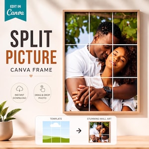 Può includere: Un modello digitale per una cornice fotografica divisa Canva con layout a griglia. Il design include il testo SPLIT PICTURE CANVA FRAME, con icone per il download istantaneo e il trascinamento delle foto. Un'immagine mostra una coppia.
