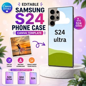 May include: An editable Samsung S24 Ultra phone case Canva template featuring a digital mockup of a phone with a cloud and green landscape design. The graphic includes text labels for S24 Ultra, S24 Plus, and S24, with icons for editing.