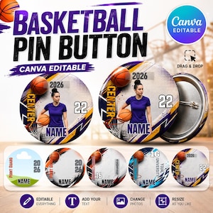 Può includere: Una collezione di spille rotonde da basket con modelli personalizzabili, accenti grafici viola e gialli, immagini di palloni e segnaposto per nomi, numeri di maglia e anni, inclusa un'etichetta Canva modificabile.