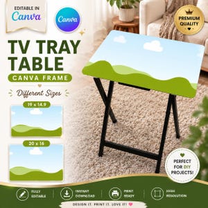 May include: A foldable TV tray table with a black metal frame and a tabletop featuring a graphic of green rolling hills under a light blue sky with white clouds. The image includes text labels for Canva, TV TRAY TABLE, and size options 19 x 14.9 and 20 x 16.