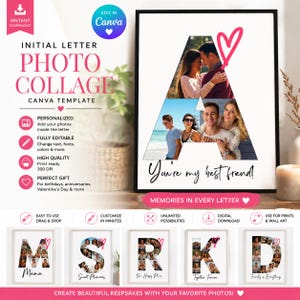May include: A digital Canva template for an initial letter photo collage featuring a large letter A filled with personal photographs, a hand-drawn pink heart, and the text You're my best friend. The design includes examples of letters M, S, R, K, and D.