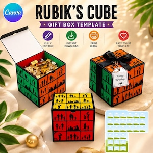 May include: A Rubik's Cube gift box template featuring a grid design with silhouettes of people. The set includes an open box filled with gold-wrapped candies, a closed box with a black ribbon and a Happy Birthday tag, and a flat template sheet.