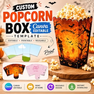 May include: A custom popcorn box template featuring a Halloween theme with a haunted house, bats, and orange sky. The design includes text reading CUSTOM POPCORN BOX, Canva EDITABLE, HAPPY HALLOWEEN, and PRINT. Includes flat templates and a 3D box.