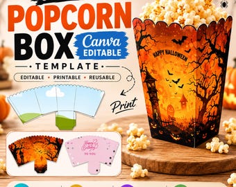 Pode incluir: Um modelo de caixa de pipoca personalizável com tema de Halloween, apresentando uma casa mal-assombrada, morcegos e céu laranja. O design inclui o texto CUSTOM POPCORN BOX, Canva EDITABLE, HAPPY HALLOWEEN e PRINT. Inclui modelos planos.