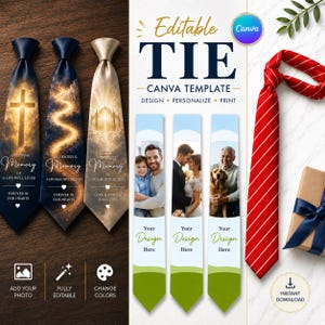 Könnte beinhalten: Eine digitale Canva-Vorlage für bearbeitbare Krawatten mit drei Gedenkdesigns mit religiösen Motiven und Text, drei anpassbaren Fotokrawatten-Layouts und einer roten Krawatte mit weißen diagonalen Streifen neben einer Geschenkbox.