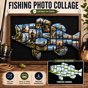 Könnte beinhalten: Eine digitale Angel-Fotocollage-Vorlage mit einem fischförmigen Raster für mehrere Bilder, gerahmt in Holz. Der Text lautet FISHING PHOTO COLLAGE, EDITABLE IN CANVA, 5 DESIGNS INCLUDED, FOREVER HOOKED, EDIT IN CANVA, DRAG & DROP YOUR PHOTOS, INSTANT DOWNLOAD.
