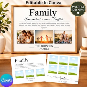 Puede incluir: Un cuadro decorativo con la definición de la palabra Family, que incluye tres espacios horizontales para fotos y el texto The Johnson Family. Debajo hay dos plantillas de impresión adicionales con marcadores de posición para fotos y texto.