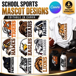 Puede incluir: Una hoja gráfica digital que muestra nueve diseños de mascotas deportivas escolares, incluyendo tigres, osos, halcones, águilas, bulldogs, panteras, lobos y leones, junto a una camiseta blanca, una sudadera negra, una botella y un casco.