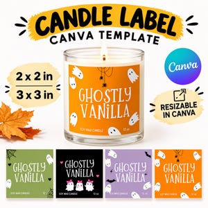 May include: A clear glass candle jar with a lit wick and an orange label featuring white ghost illustrations, spider webs, and the text GHOSTLY VANILLA. Includes text for 2 x 2 in and 3 x 3 in sizes, plus four additional square label designs in green, black, purple, and orange.