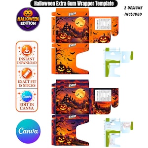 Peut inclure: Un modèle numérique pour deux emballages de chewing-gum Extra sur le thème d'Halloween, illustrant un paysage effrayant avec des citrouilles, des chauves-souris et une pleine lune. Le design inclut le texte Halloween Extra Gum Wrapper Template.