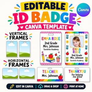 Modelo de crachá de identificação editável no Canva | Cartão de identificação estudantil | Cartão de identificação para impressão | Download digital