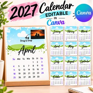 May include: A 2027 calendar template editable in Canva, featuring a landscape design with green hills and blue skies. The main display shows the month of April with a drag and drop photo area. Twelve individual monthly pages are shown to the right.
