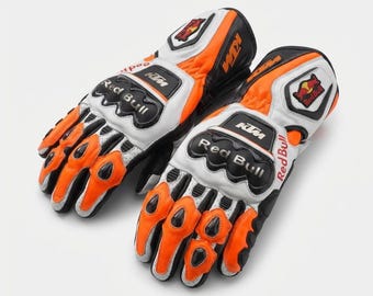 KTM Red Bull Motorcycle Gloves / Genuine Leather Racing Biker Gloves / Armored Knuckle Protective Gear