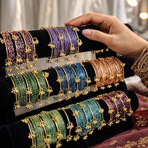 May include: A collection of multi-coloured glittery bangles arranged on a black display stand. Each bangle features a textured, sparkling surface and is adorned with small, dangling gold-toned metal charms attached at regular intervals.