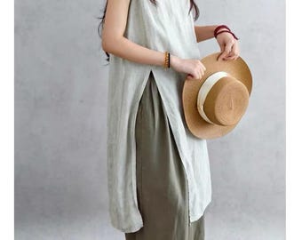 Linen Tunic Dress, Long Linen Dress in Pure Linen, Loose Fit Summer Dress with Side Slits, Minimalist Linen Clothing Women