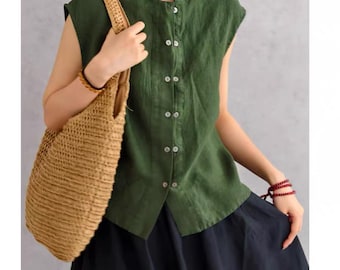 Linen Blouse Top, Casual Linen Blouse Women, Linen Crop Blouse, Short Sleeve Linen Shirt, Minimalist Linen Top, Summer Linen Blouse