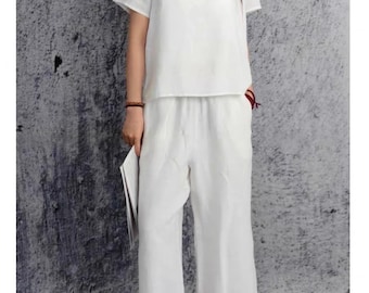 Linen Cropped Pants Women, White Linen Nine-Point Pants, Wide Leg Linen Culottes, Summer Linen Trousers, Minimalist Linen Clothing