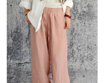 Drawstring Linen Pants for Women – Wide Leg Linen Pants, Elastic Waist Linen Trousers, Loose Fit Summer Pants, Lightweight Linen Clothing