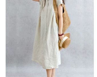 A-Line Linen Dress, Relaxed Fit Midi Dress, Pure Linen Summer Dress for Women, Minimalist Casual Linen Clothing