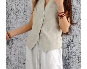 Linen Vest Top Women, Sleeveless Linen Waistcoat, Natural Black Linen Crop Top, Minimalist Linen Top Handmade 100% Pure Linen 160gsm