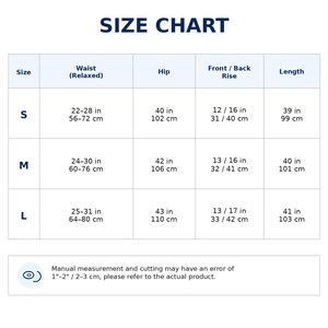 May include: A size chart table with dark blue text on a white background. It lists sizes S, M, and L with corresponding measurements for waist, hip, rise, and length in inches and centimetres. A note at the bottom mentions a 1-2 inch measurement error.