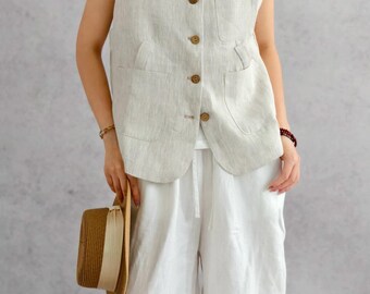 Linen Vest Top Women, Linen Blouse Top, Sleeveless Linen Shirt, Button Linen Vest, Minimalist Linen Top, Summer Linen Clothing