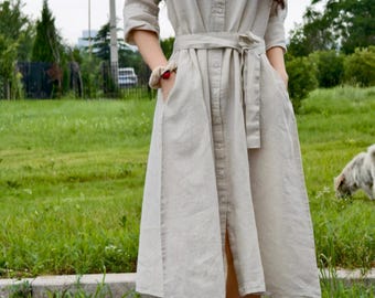V-Neck Linen Dress, Long Sleeve A-Line Dress in Pure Linen, Belted Midi Dress, Casual Linen Dress for Women, Linen Clothing