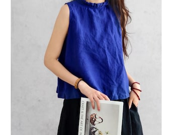 Linen Ruffle Top, Linen Sleeveless Top, Casual Linen Top Women, Summer Linen Top, Minimalist Linen Top, Relaxed Fit Linen Clothing