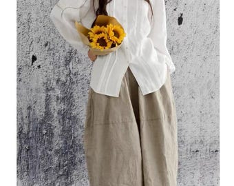 Linen Midi Skirt, Gathered Pure Linen Skirt, Elastic Waist Summer Skirt, Loose Fit Linen Clothing for Women