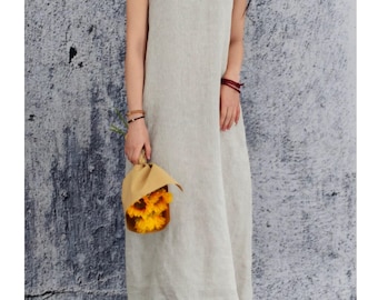 V-Neck Linen Dress, Sleeveless Linen Midi Dress, Loose Fit Pure Linen Dress, Casual Summer Linen Clothing for Women