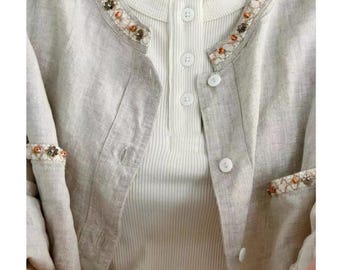 Embroidered Linen Shirt Women, Linen Blouse Top, Casual Linen Shirt, Long Sleeve Linen Embroidery Top, Floral Embroidered Linen Blouse