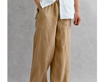 Men's Loose Linen Pants – Drawstring Linen Trousers, Wide Leg Linen Pants, Relaxed Fit Summer Pants, Breathable Linen Clothing