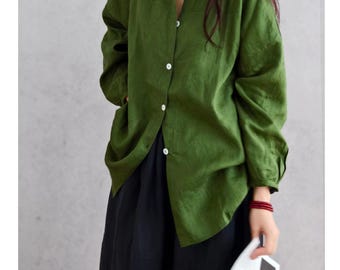 Linen Blouse Top, Casual Linen Blouse Women, Loose Linen Tunic, Oversized Linen Shirt, Long Sleeve Linen Top, Natural Linen Clothing