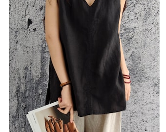 V Neck Linen Top Women, Pure Linen Tunic, Linen Sleeveless Top, Relaxed Linen Top, Natural Linen Clothing, Summer Linen Tunic