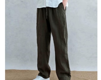 Men's Linen Pants – Drawstring Linen Trousers, Relaxed Fit Linen Pants, Elastic Waist Summer Pants, Breathable Linen Clothing