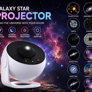 Può includere: Un proiettore di stelle galattiche sferico bianco e nero con base circolare e inclinazione regolabile. Il dispositivo presenta pulsanti di controllo sulla parte anteriore e mostra il testo GALAXY STAR PROJECTOR e BRING THE UNIVERSE INTO YOUR ROOM.