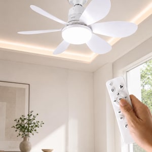 Puede incluir: Un ventilador de techo blanco con seis aspas curvas y una luz LED central integrada. El ventilador se controla mediante un mando a distancia blanco con botones para encendido, ajuste de luz, velocidad y temporizador de 1H, 2H y 4H.