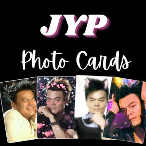 May include: A collection of four rectangular photo cards featuring J.Y. Park. The text JYP Photo Cards is displayed in white at the top. The cards show various portraits of the individual with digital filters including pink hearts and cat ears.