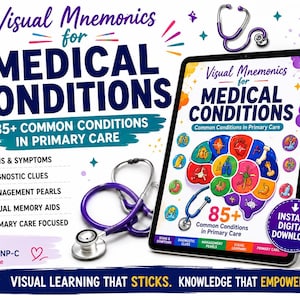 May include: A digital study guide titled Visual Mnemonics for Medical Conditions featuring 85+ common conditions in primary care. The display shows a tablet with a colorful brain graphic, surrounded by medical icons, a stethoscope, and text.