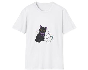 Cozy Tea Ghost Cat Shirt, Cute Kawaii Cat T-Shirt, Aesthetic Anime Cat Tee, Cat Lover Gift, Cat Mom Shirt, Cute Cat Top