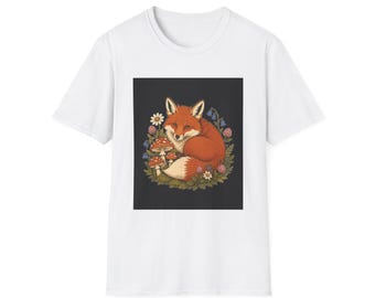 Cottagecore Fox T-Shirt • Mushroom Forest Badge Tee, Cute Woodland Gift