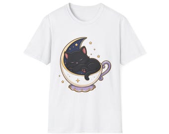 Sleepy Moon Cup Cat Tee | Kawaii Bedtime Art | Gift for Night Owls