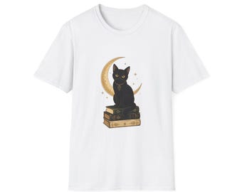 Dark Academia Cat T-Shirt • Black Cat Books Moon Tee, Bookish Gift