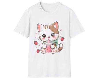 Strawberry Milk Cat Tee | Pastel Kawaii Art | Gift for Strawberry Lovers