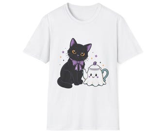 Cozy Kawaii Ghost Cat Tea Shirt | Unisex Tee for Cat Lovers