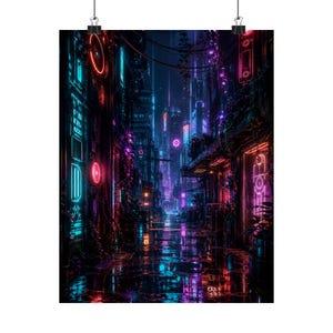 May include: A digital art print depicting a dark, narrow city alleyway at night illuminated by vibrant neon signs in shades of electric blue, magenta, and purple. The wet ground reflects the glowing lights, and hanging vines drape from the buildings.