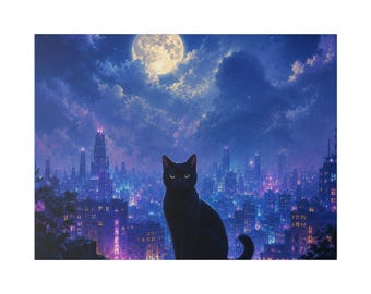 Black Cat Neon Kaiju Moon City Canvas Print | Cat Lover Gift