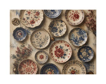 Collected Plate Wall Art | Floral Porcelain Design Canvas Print (Ready to Hang)